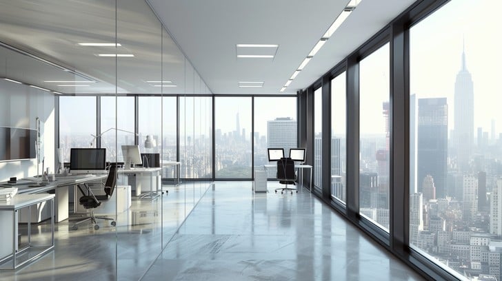 Modern office interior with large windows and city view